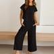 thumbnail image 3 of ICHUANYI Liquidación Conjuntos a juego de salón de 2 piezas de verano para mujer Trajes sólidos Lino Cuello redondo Tops de manga corta y pantalones largos Traje de chándal ICHUANYI WER2023082205069, 3 of 5