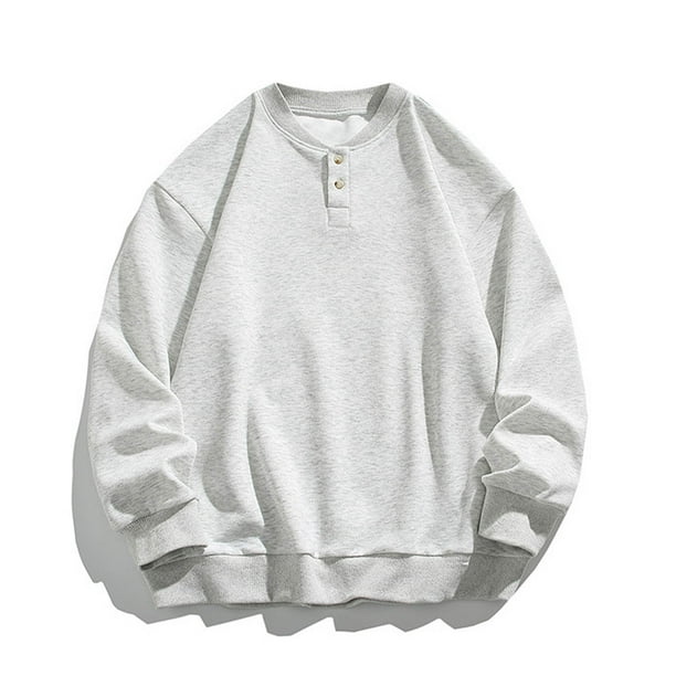 pstuiky camisas de manga larga para hombre, Suéter deportivo informal de color liso con cuello redondo y botones para hombre, blusa de manga larga con cuello redondo camisetas de hombre m