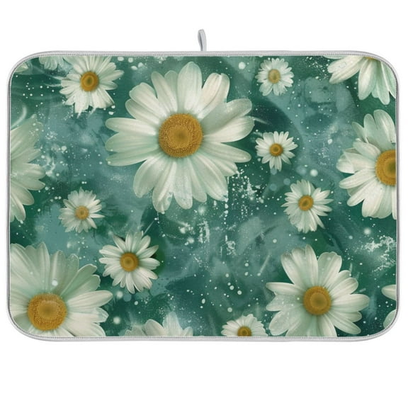 Daisy Flowers White Green Dish Drying Mats Kitchen Mat Microfiber Counter Absorbent Dish Pad Drainer Rack 16"x18"