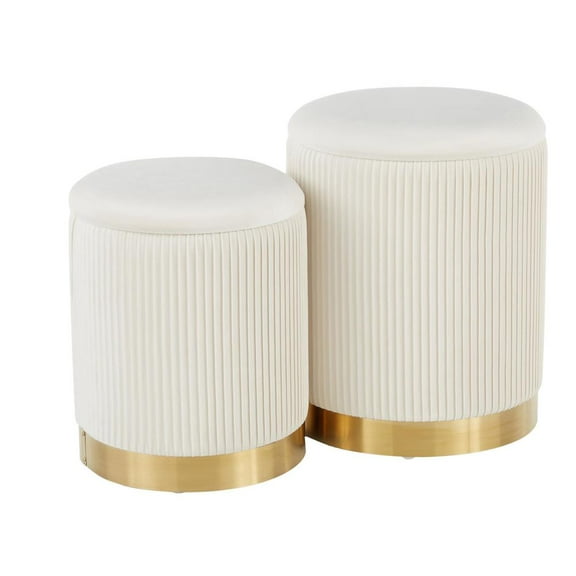 LumiSource Gold Metal, Cream Velvet Marla Nesting Pleated Ottoman Set