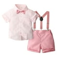 thumbnail image 3 of Bovxnpu Boys Girls Summer Outfits 2 Piece, Boys Bowtie Dress Shirt Suspenders Shorts Summer Formal Suits, Boys' Fashion Stripe Printed Bow Shirt Strap Shorts Short Sleeve Collar Set 5 Years, 3 of 7