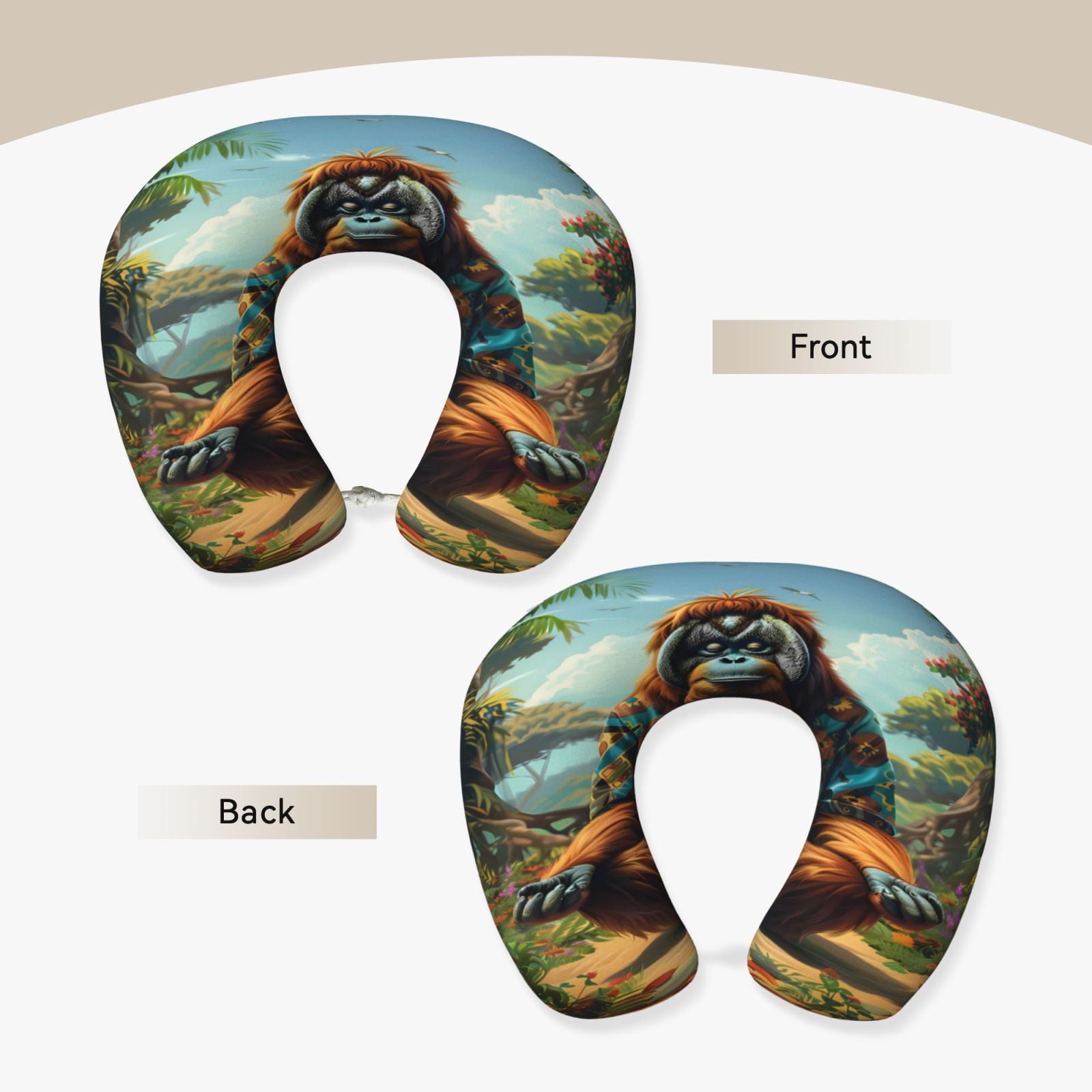 Xecao Forest Meditating Gorilla Print Memory Foam Cervical Neck Pillow Versatile U-Shaped Pillows for Home,Office,Camping,Travelling,Soft Washable Cover