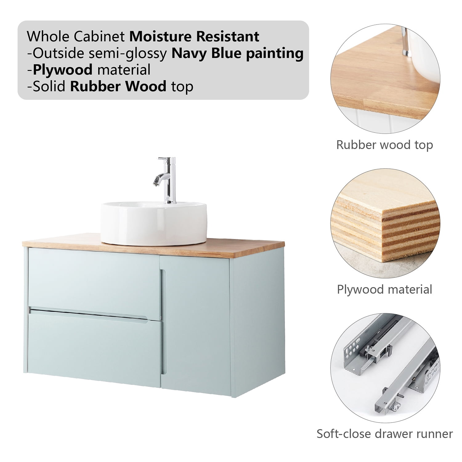 Demi Bonn 35" Single Door Wall Mounted Bathroom Vanities Cabinet with 2 Drawers, Faucets and Drains Not Included, Blue