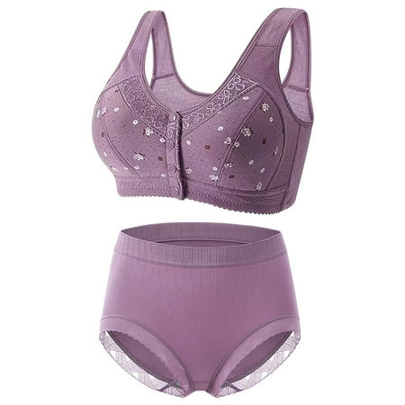Ukumplol Womens Underwear and Bras Set Bras for Women No Underwire Bra and Panty Sets for Women Ladies Bra Set Front Closure Middle Elderly Underwear Bra Briefs Brassiere for Women Purple 48