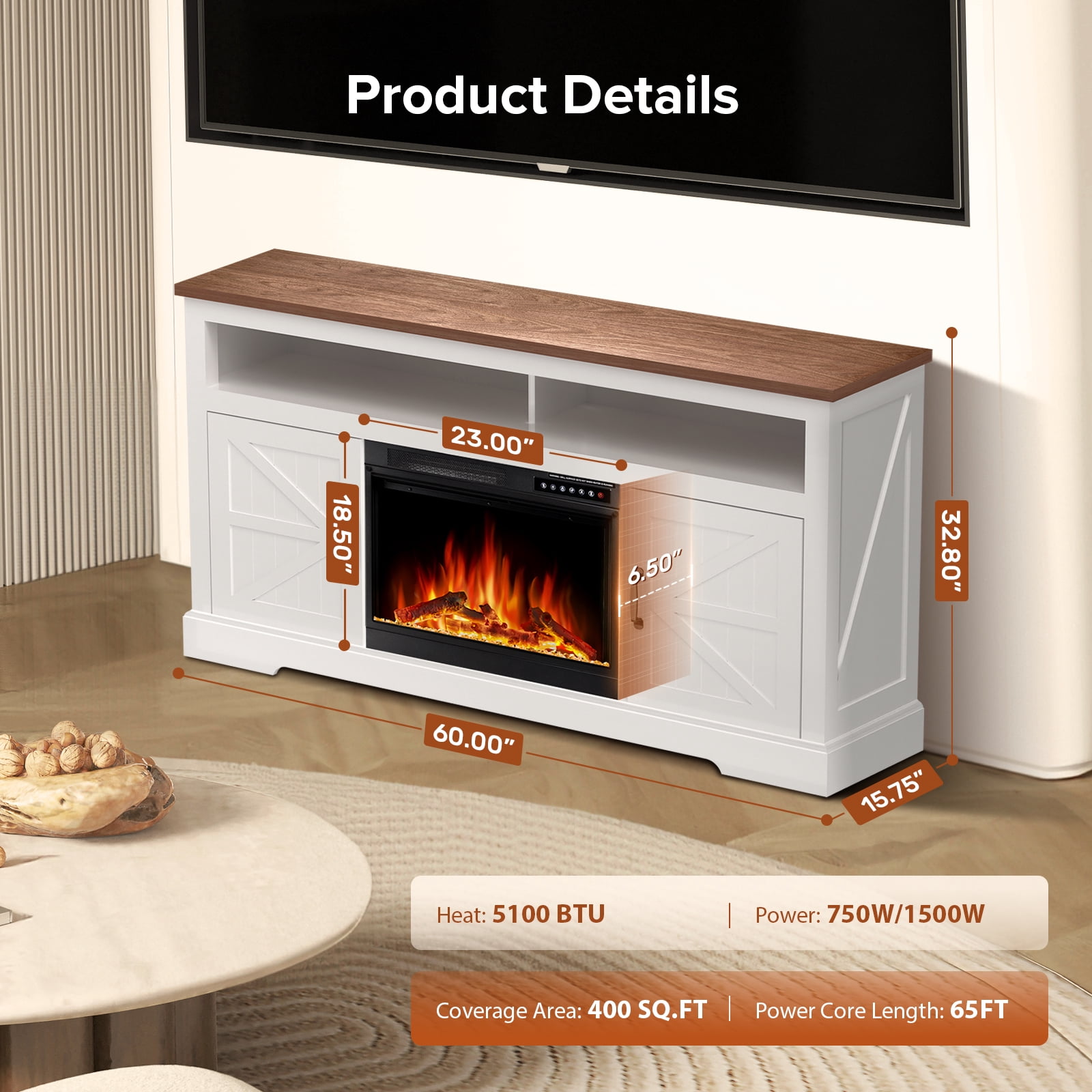 KISSAIR 60'' Electric Fireplace Mantel, Remote Control, Adjustable LED Flame, 750W/1500W Free Standing Fireplace（White）