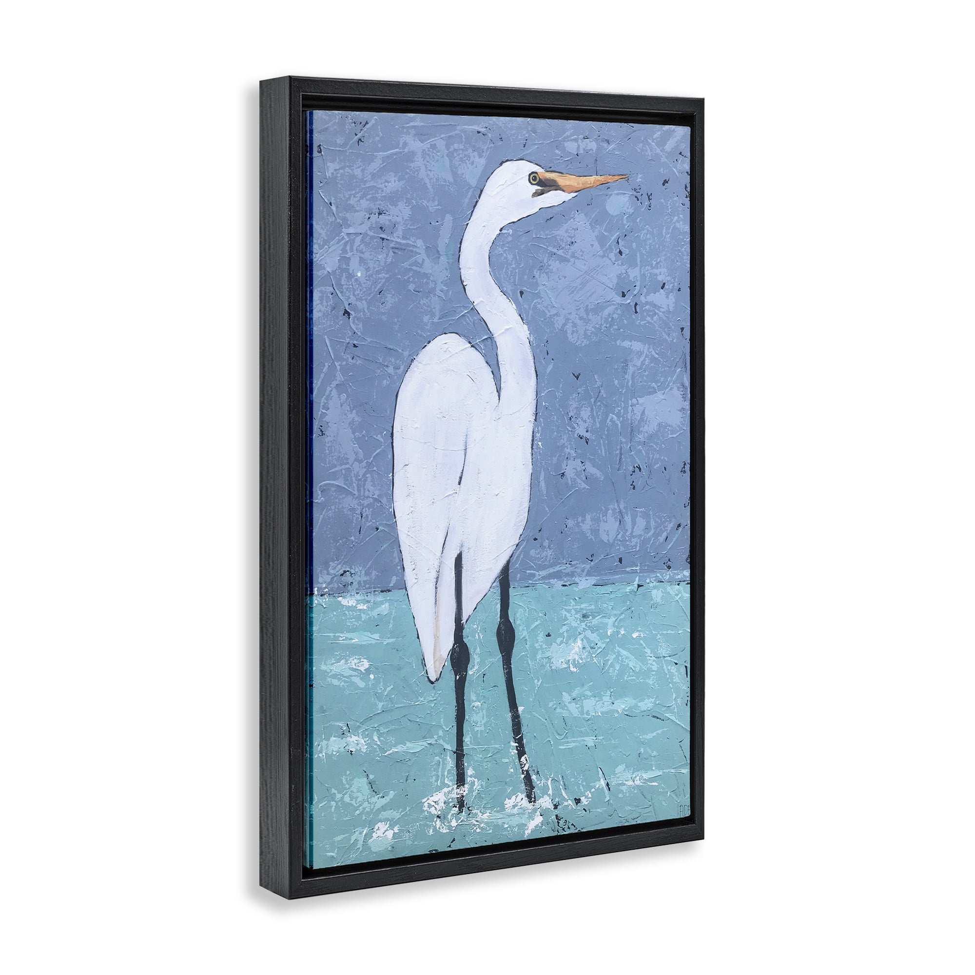 Stupell Industries Sea Heron Standing Animals & Insects Painting Black Floater Framed Canvas Art Print Wall Art, 17 x 25