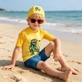 thumbnail image 6 of Rggeeun Baby Boys Swimsuit Set 3Pc Cute 3D Dinosaur Pattern Short Sleeve Crew Neck Top & Elastic Waist Above Knee Trunks with Hat for Summer Water Activities Sweet Beachwear,Multicolor,2-3 Years, 6 of 8