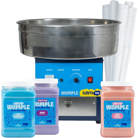 Cotton Candy Machine Pro Bundle, Large Stainless Steel Bowl & Drawer, Includes 3 Flavored Sugars and 70 Cones for Parties and Business (Blue)