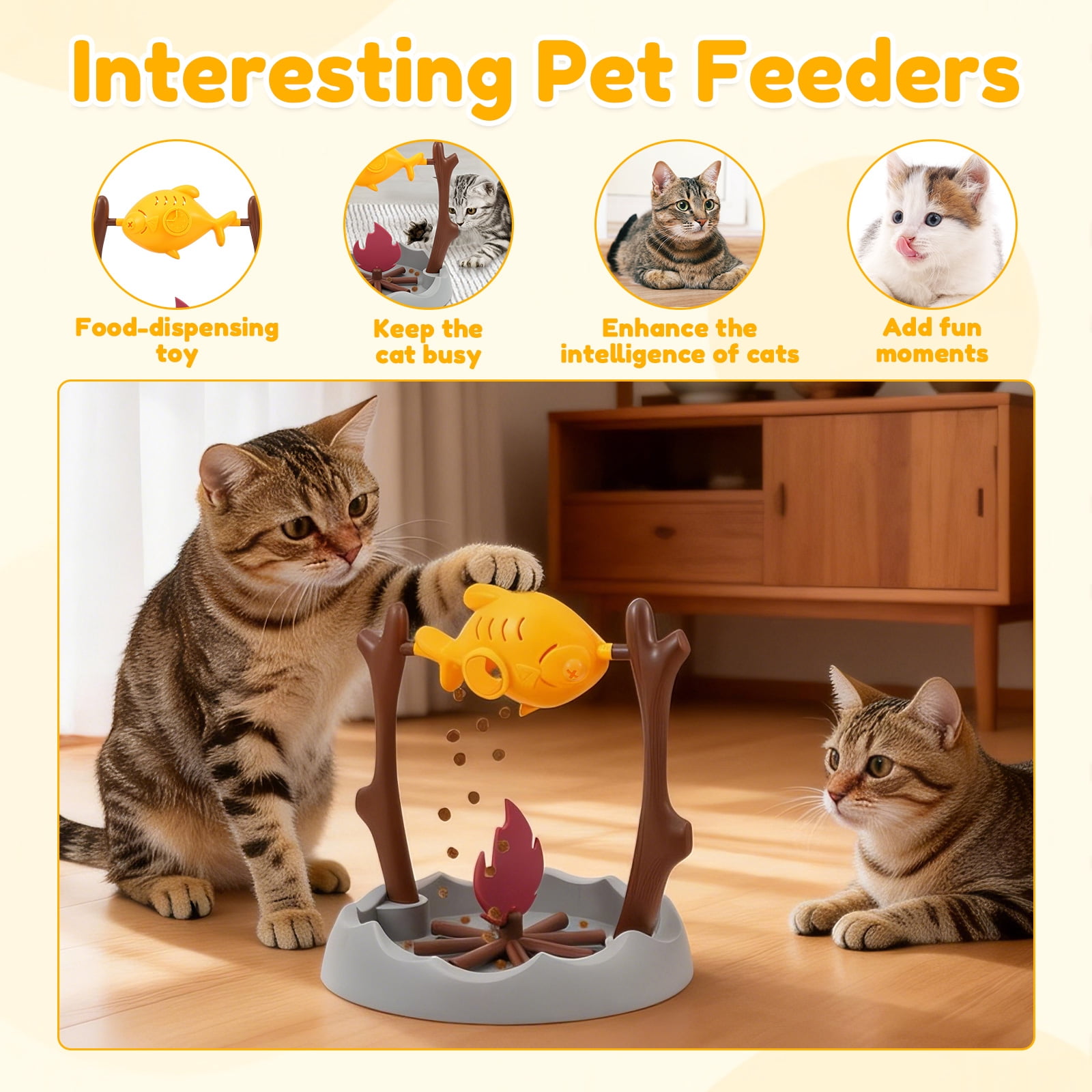 Austok Interactive Cat Treat Dispensing Toy Slow Feeder Bowl Unique Rotatable Fish and Flame Cognitive Training Game Enrichment Interactive Stimulation Toy Cat BBQ Fish Toy for Kitty
