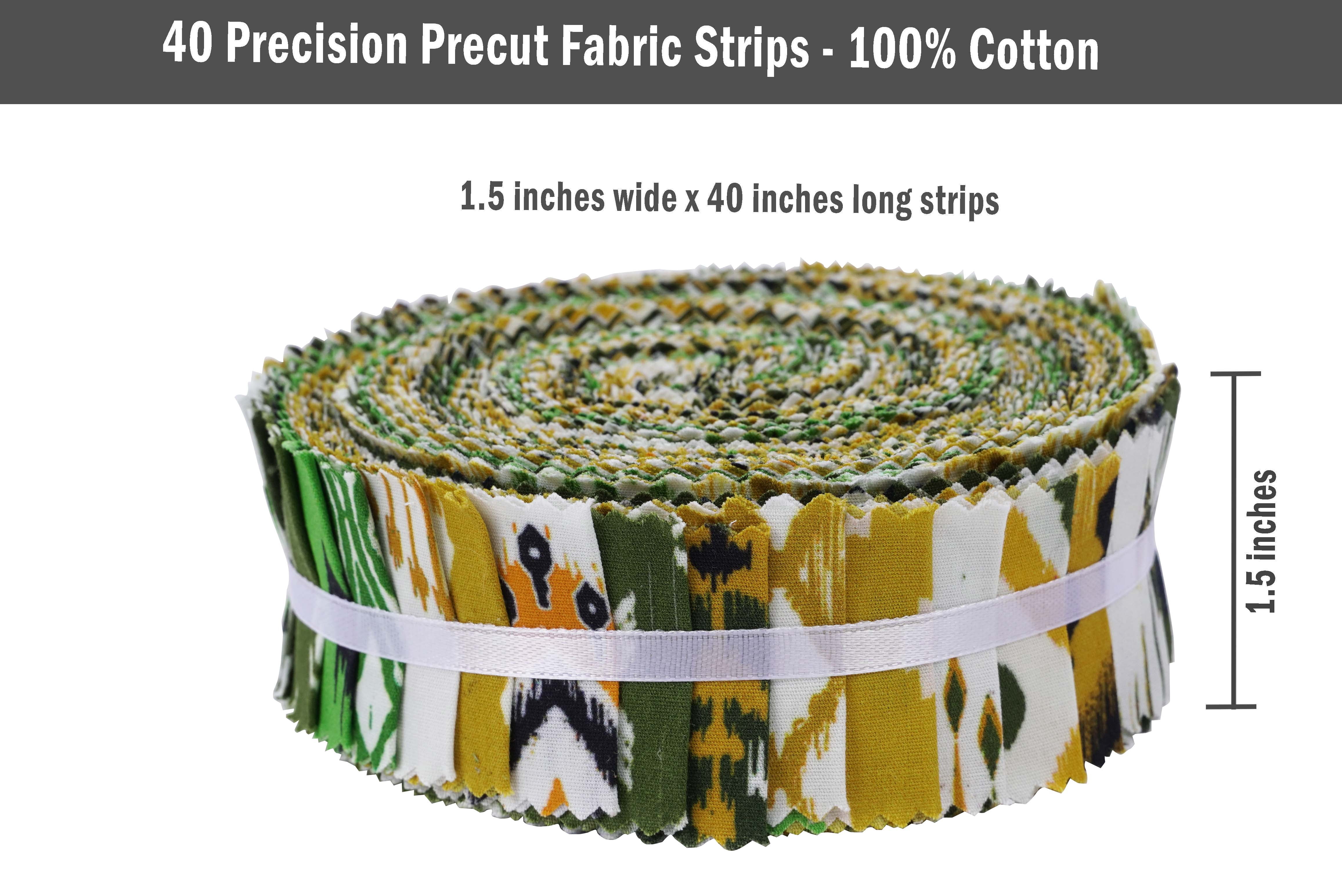 Soimoi 40Pcs Ikat Print Precut Fabrics Strips Roll Up 1.5x42inches Cotton Jelly Rolls For Quilting - Green, White & Mustard
