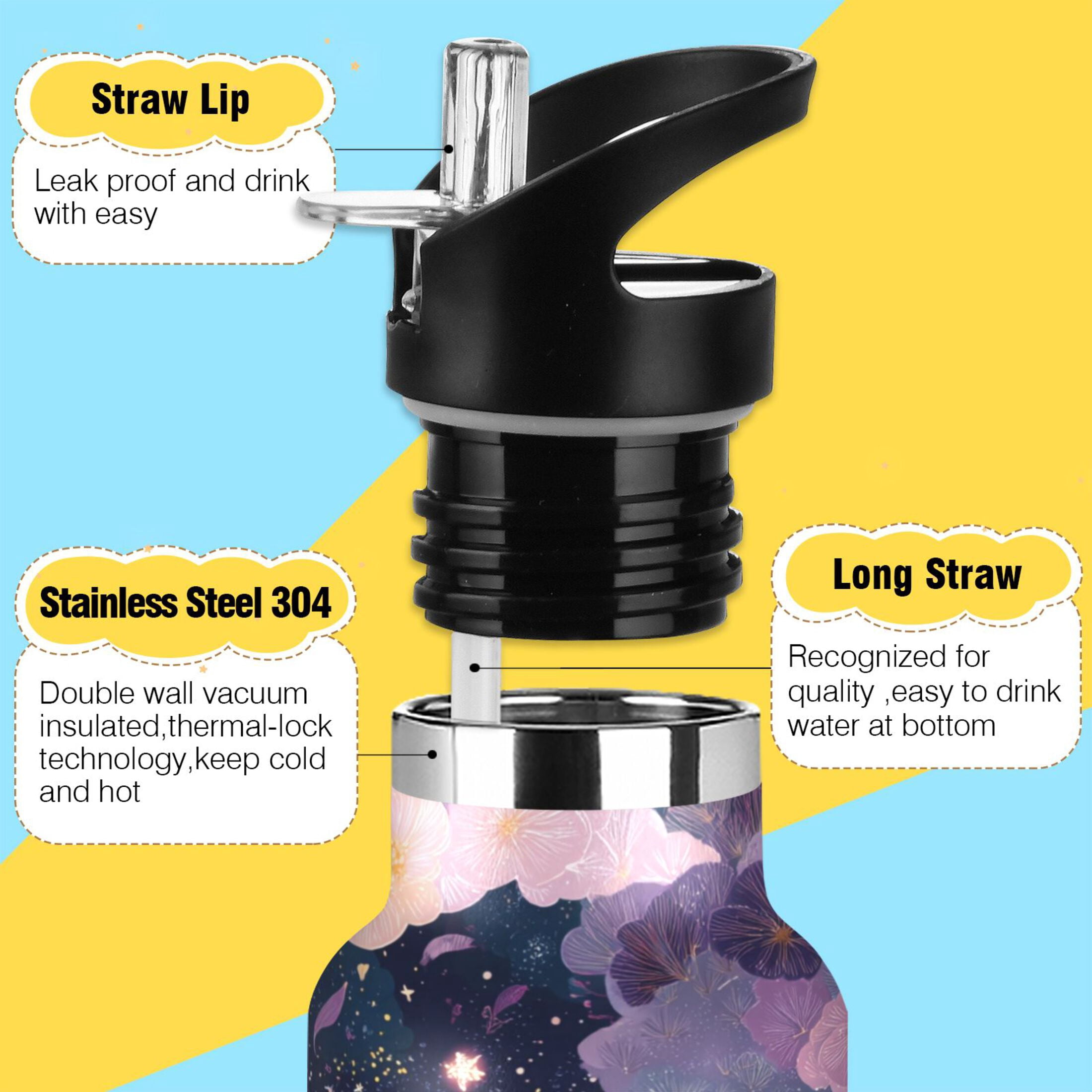 600ML Stainless Steel Insulated Cup Sports Water Bottle Portable Thermos Cup Water Glasses Insulated Tumblers Convenient and Durable Purple Beautiful Flowers