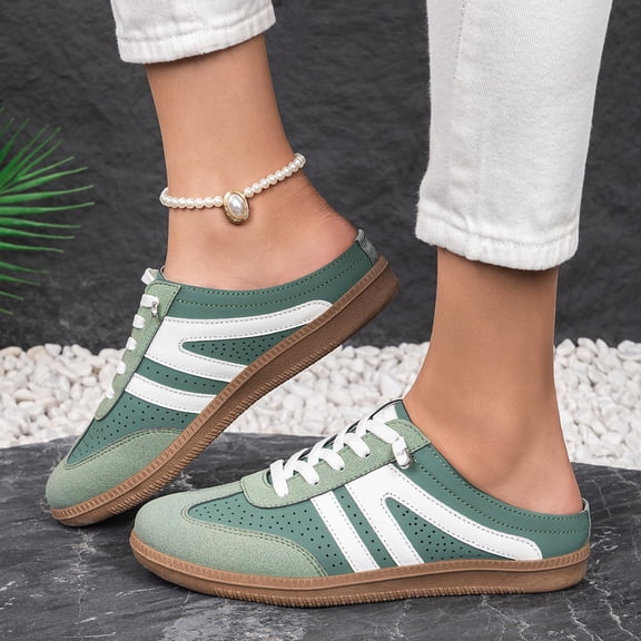 Women's Striped Canvas Slip On Sneaker Mules, Backless Casual Lace Up Flat Loafers Low Top Walking Shoes With Comfortable Cushioned Insole Durable Rubber Sole Everyday Wear,Dark Green 5.5