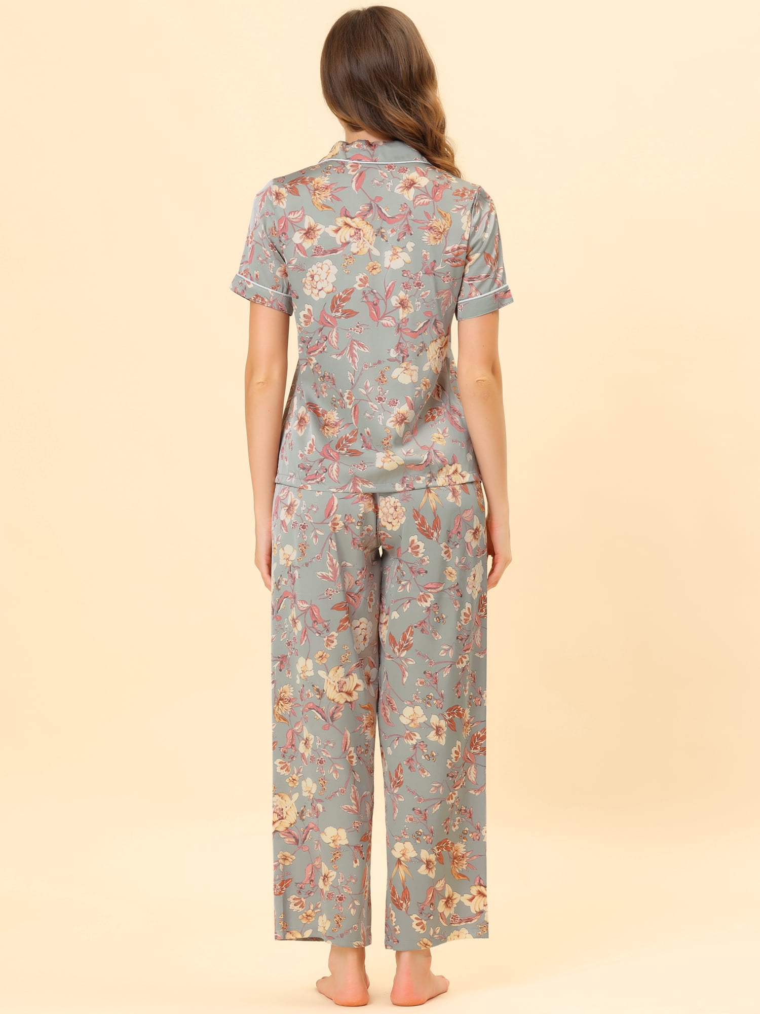 Unique Bargains Women's Pajama Set Silk Short Sleeves and Pants Floral Satin Sets