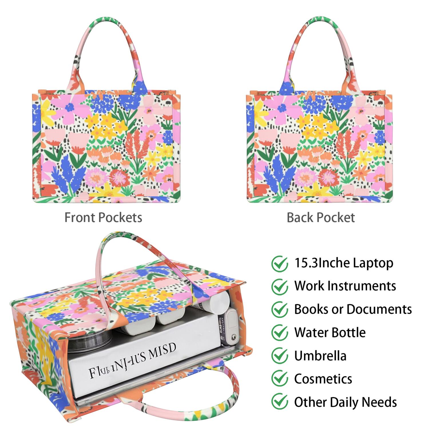 Large Capacity Tote Bag,Pioneer Flower Floral Print Pattern Handbag Fashion Luxury Tote Bag,15.7"x13"x 5.1" Inches,Laptop Compatible