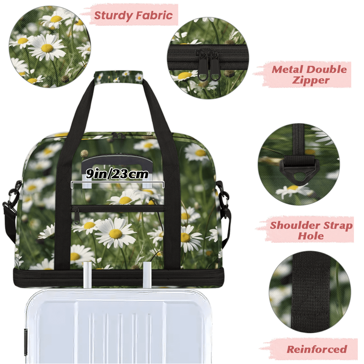 Herdesigns Daisy Foldable Travel Duffle Bag for Women and Men Lightweight Carry On Overnight Bag Floral Gym Luggage Weekender Bags with Shoe Compartment