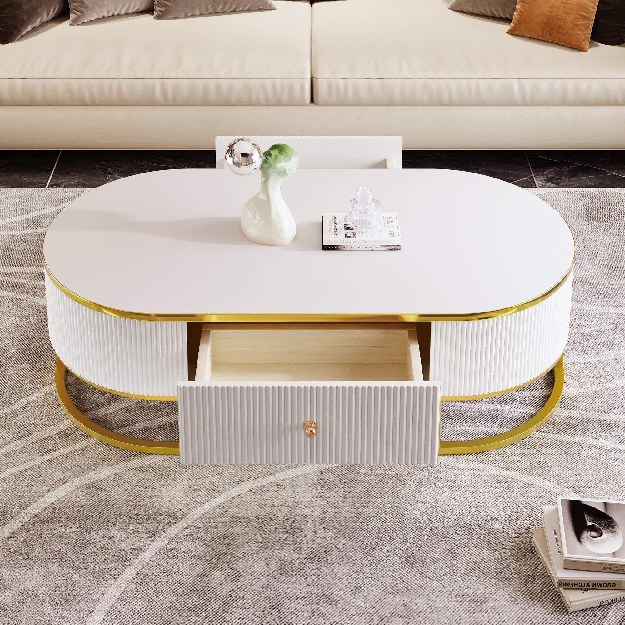 Euroco Modern Oval Coffee Table with Drawers,Curved Profile Design, Gold Metal Decor, Center Table for Living Room in 47.2"