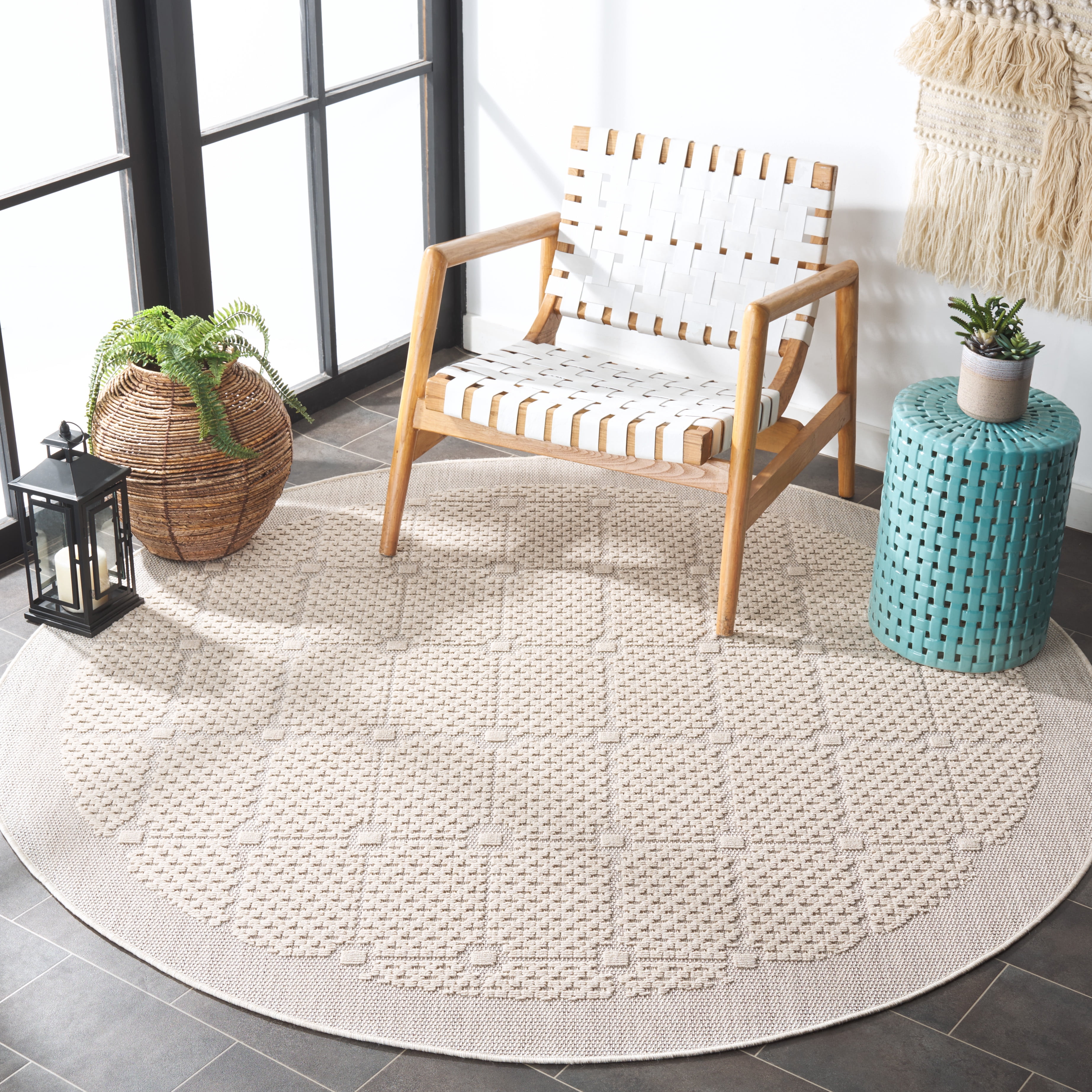 SAFAVIEH Milos Bailey Geometric Indoor/Outdoor Area Rug, Beige, 6'7" x 6'7" Round