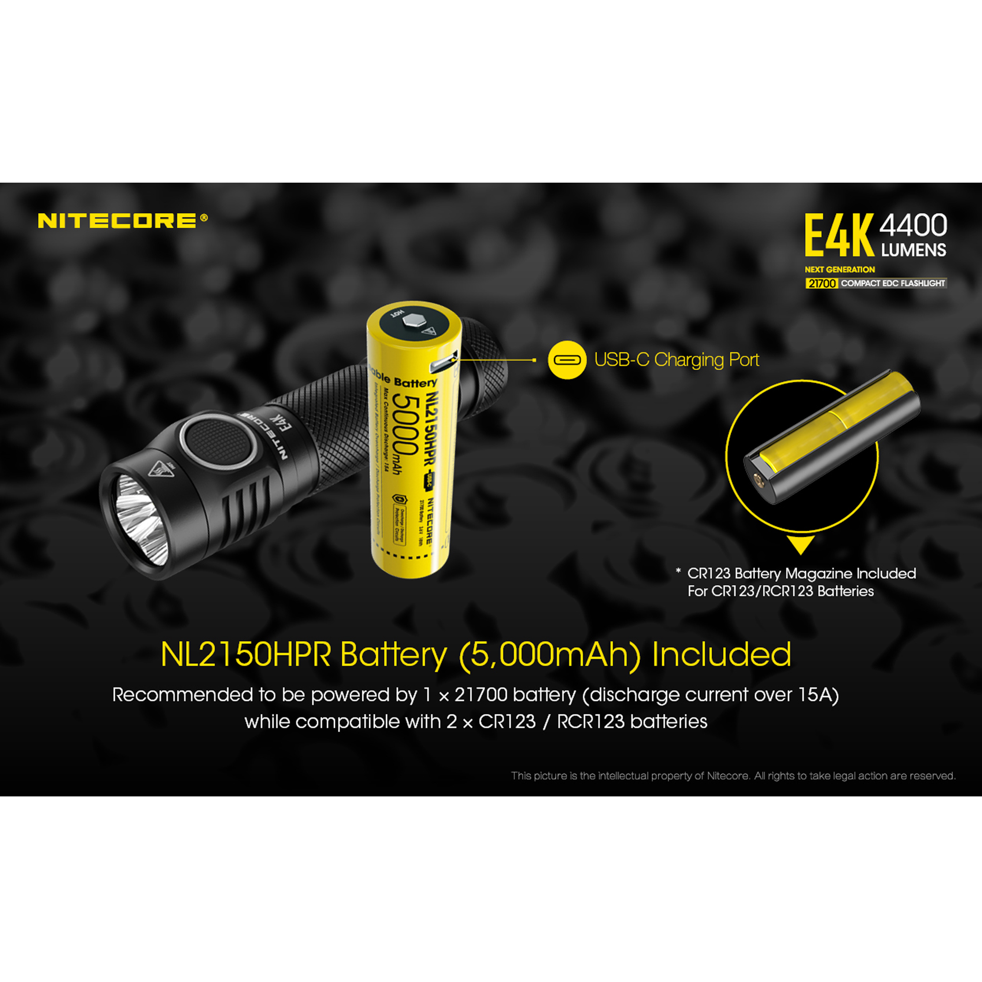 NITECORE E4K 4400 Lumen Lightweight Everyday Carry Flashlight with 5000mAh  USB-C Rechargeable Battery with LumenTac Battery Case