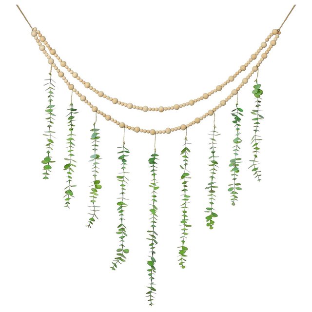 Guirnalda boho grande para colgar en la pared, boho para dormitorio, guirnalda de cuentas de madera, decoración artificial con vegetación natural