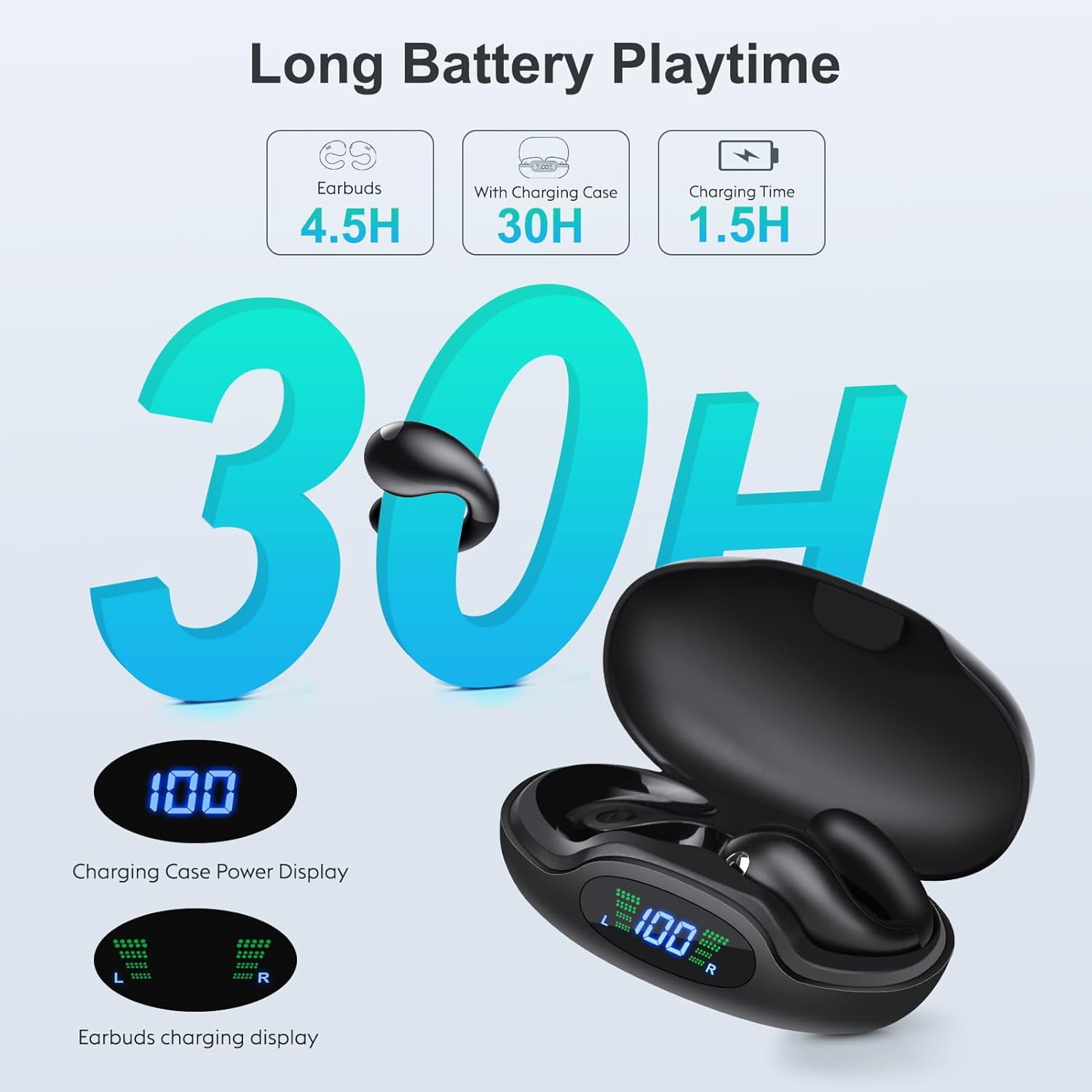 Open Ear Clip-On Earbuds, Wireless Bluetooth Headphones, Comfortable Wear Nice Secure Fit Earphones, Long Playtime, Digital Display Charging Case, Born for Sports (Black)