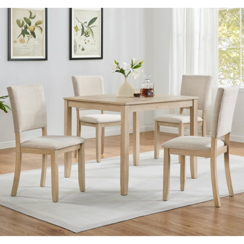 5-Piece Square Dining Table Set with 4 Upholstered Chairs for Dining Room Kitchen, Modern Wooden Design, Light Oak and Beige