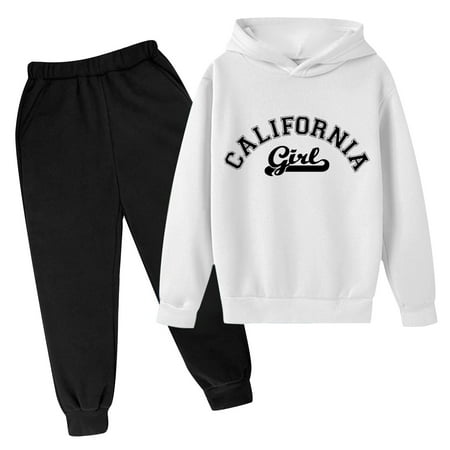 SUXIAN Autumn Winter Childrens Hoodie Pullover Set Printed Hoodie Casual Letter Printed Long Sleeve Fashion Outfits for Kids White 100