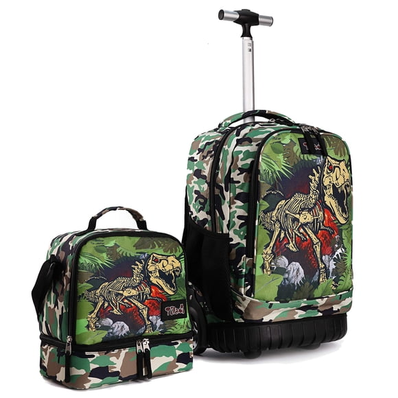 Mochila enrollable Tilami con diseño de dinosaurio camuflaje de 19 pulgadas con bolsa de almuerzo