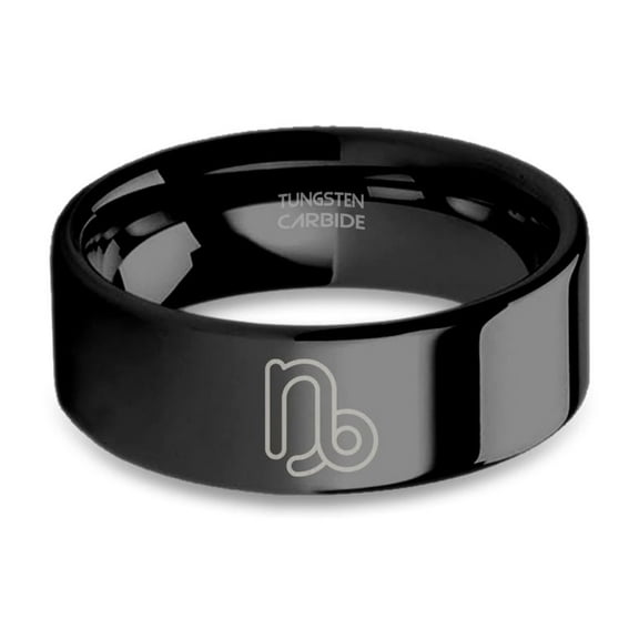 Capricorn Zodiac Symbol Engraved Black Tungsten Wedding Band, 8mm, Size 15