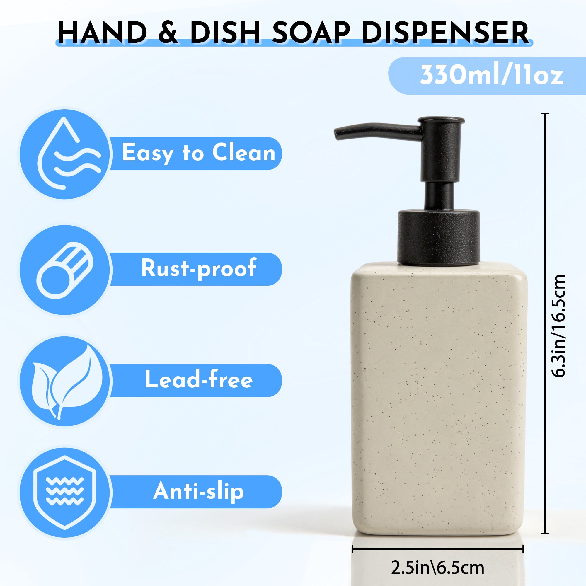 Soap Dispenser for Bathroom Kitchen, Ceramic Hand Soap Dispenser with Stainless Steel Pump, 11 oz/330ml Refillable Dish Dispensers for Hand soap, Lotion, Body Wash