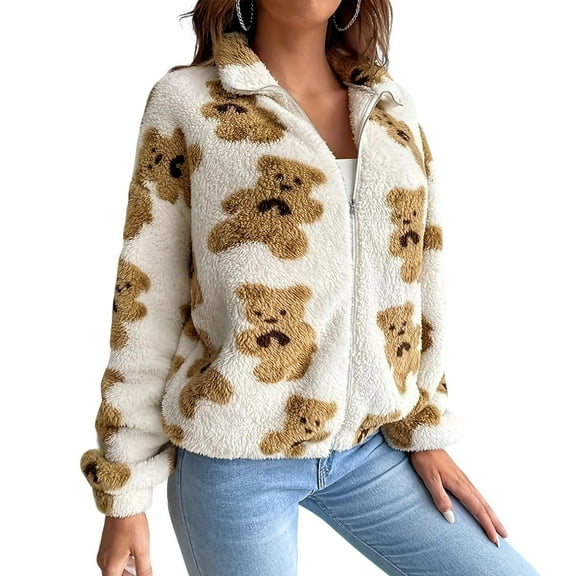 Fuzzy Jacket for Women Cute Faux Fur Shearling Coats Teddy Winter Coats White L