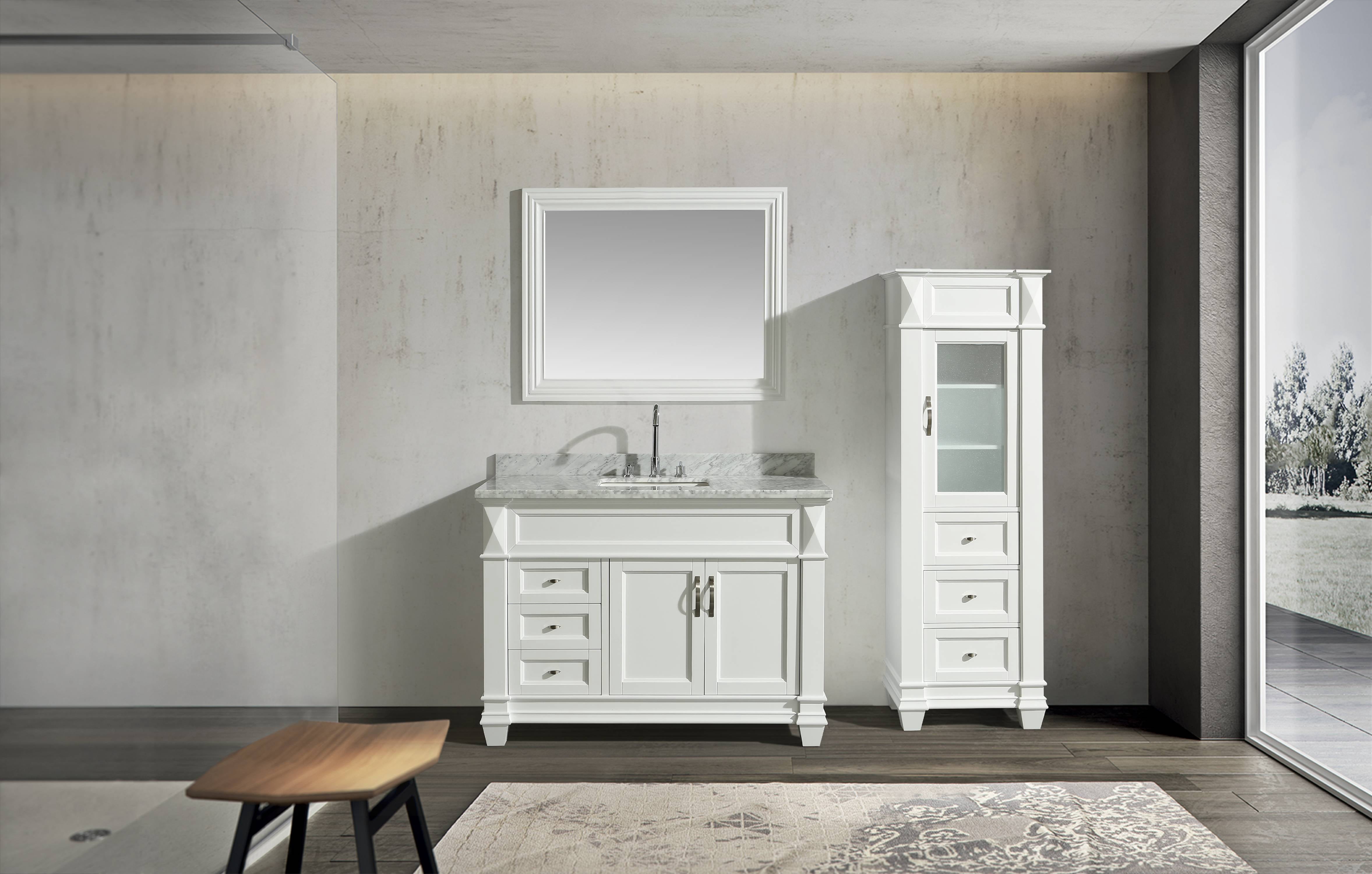Design Element Hudson 48" Single Sink Bathroom Vanity Set in White with Carrara Marble Top and 65" Linen Tower Cabinet