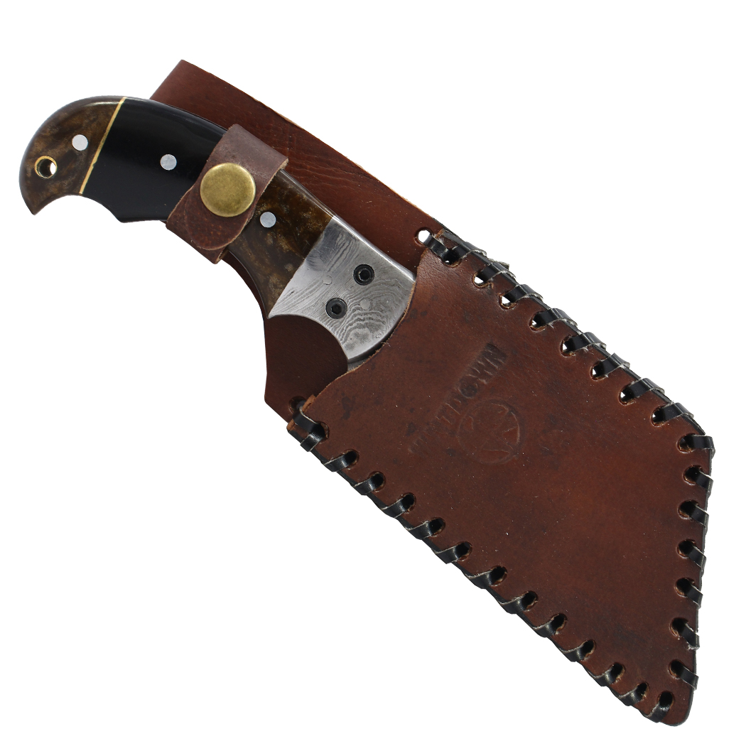 Hunt-Down 9" Black & Brown Resin Handle Damascus Bolster Hunting Knife with Leather Sheath