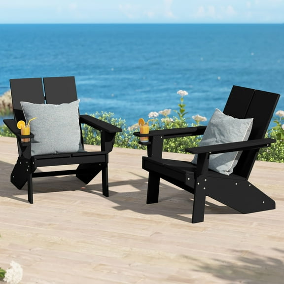 WestinTrends Riviera Outdoor HDPE Modern Adirondack Chair with Cup Holder (Set of 2), Black