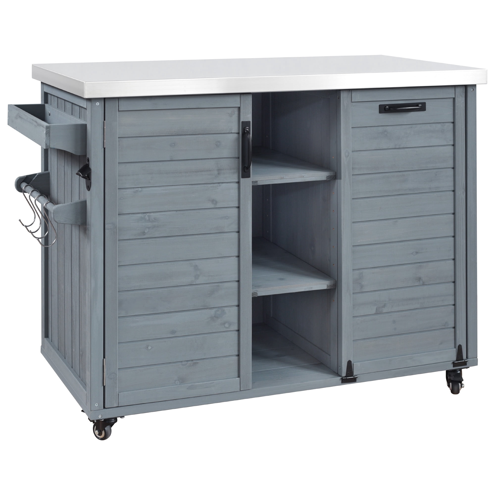 Euroco 78.3" Outdoor Kitchen Island with Foldable Grill Table, Wooden Outdoor Grill Cart with Trash Can Storage & Stainless Steel Top, Outdoor Bar Cart, Pizza Oven Table