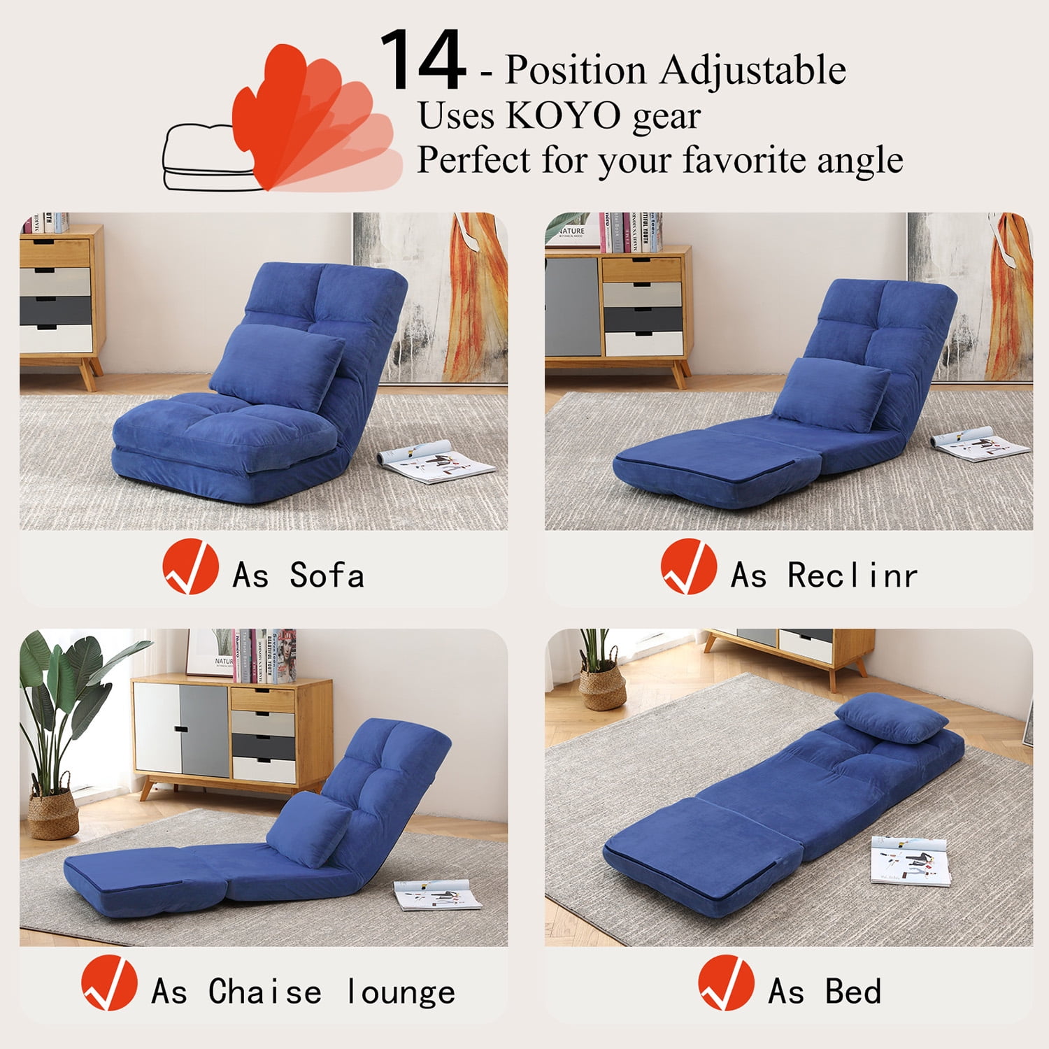 Kadyn Indoor Chaise Lounge Sofa, Adjustable Floor Chair with Back Support and Pillow, Folding Floor Lounger for Adults, Blue Kadyn Indoor Chaise Lounge Sofa, Adjustable Floor Chair with Back Support and Pillow, Folding Floor Lounger for Adults, Blue