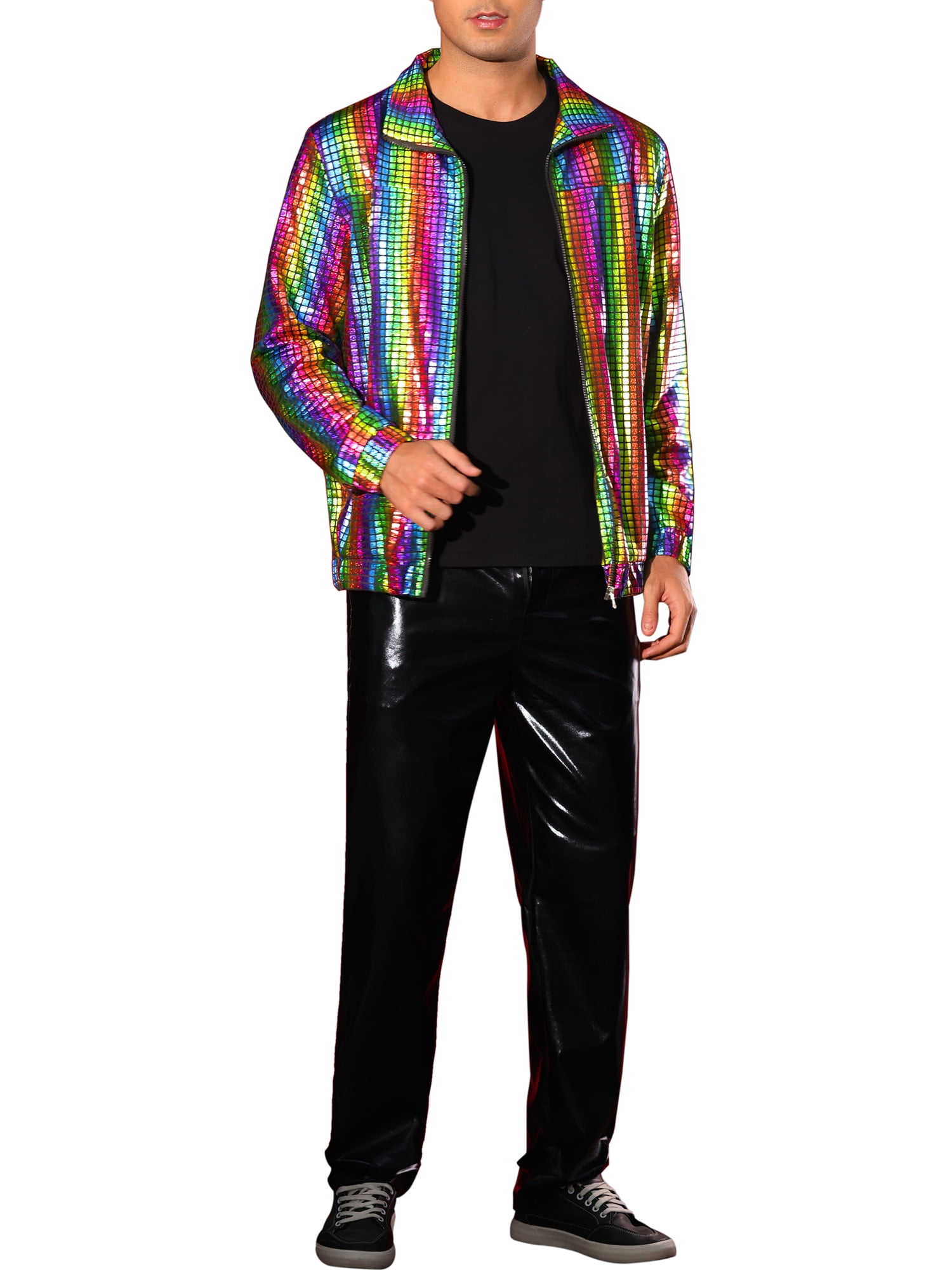 INSPIRE CHIC Holographic Jacket for Men's Metallic Long Sleeve Stand Collar Party Disco Shiny Jackets XL Multicolor