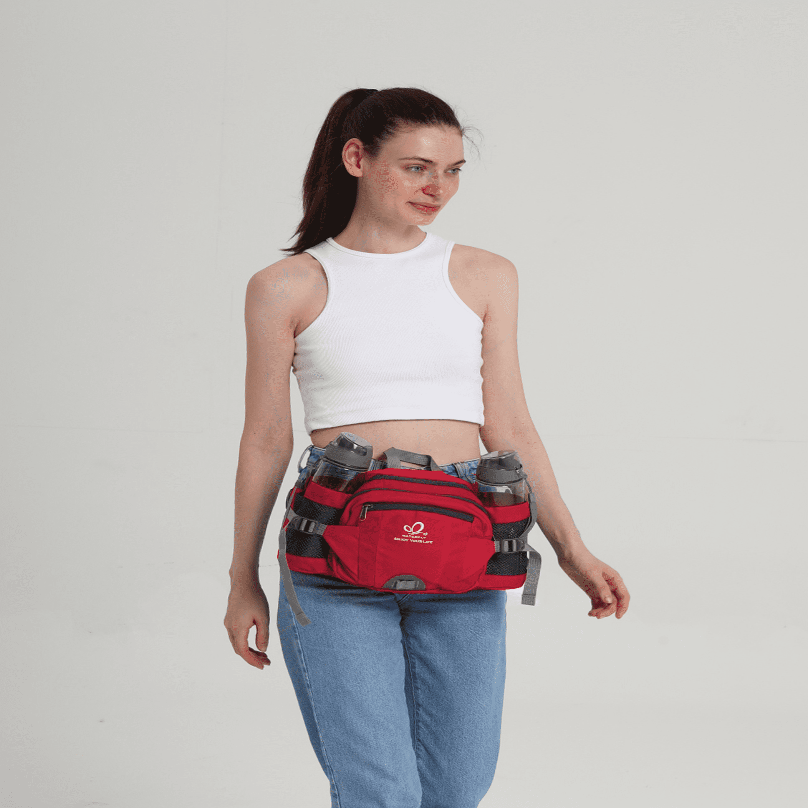 WATERFLY Unisex Large Capacity Hiking with Bottle Holder Nylon Fanny Pack Waist Bag,Red