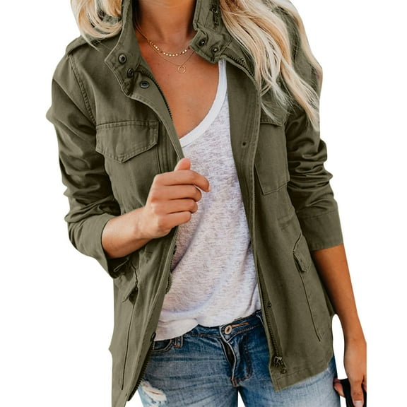 FAOWME Women's Plus Size Coat With Pocket Long Sleeve Solid Color Zipper Slim Fit Breathable Casual Jacket For Daily Wear,Army Green,L