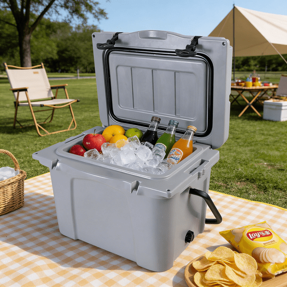 Cooler 25QT, Insulated Hard Cooler Ice Chest - Grey, with Bottle Opener & Cup Holder, 5-Day Ice Retention for Travel, Camping, Fishing, Boat