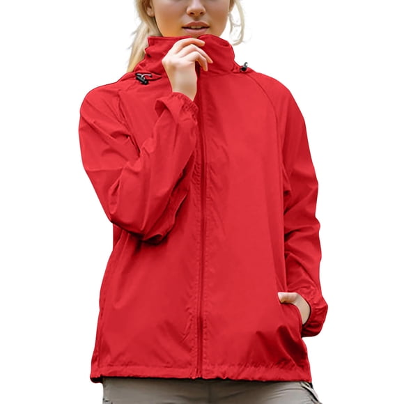 aohooy Women Sun Protection Jacket Windbreaker Fall Long Sleeve Zip Up Rain Coats Cool Lightweight Outdoor Athletic Rain Jackets Red,L