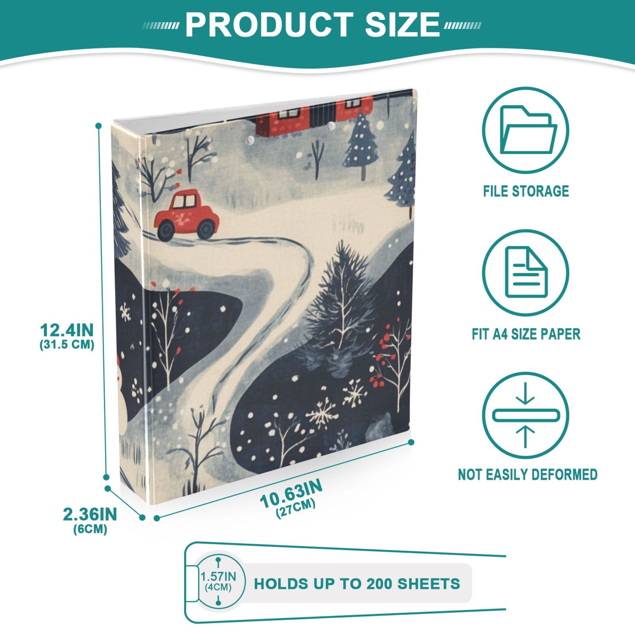 Houses Snow Trees 3 Ring Binders 1.5 inch Hardcover File Folders with Interior Pockets A4 Size Organizer for School Office Hospital