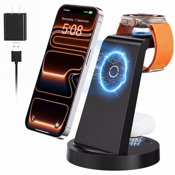 ETEPEHI 18W Wireless Charger Compatible with iPhone - 3 in 1 Charging Station Compatible with iPhone 17/16e/16/15/14/13/12 Pro Max, for iWatch & Air Pods 4 3 Pro, Black
