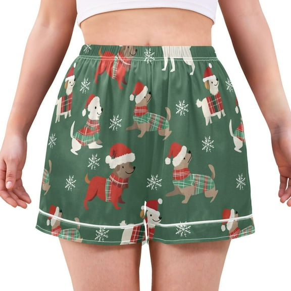 Women's Silk Pajama Shorts Dog Christmas Snowflake Pajama Shorts Women's Casual Pajama Shorts with Pockets