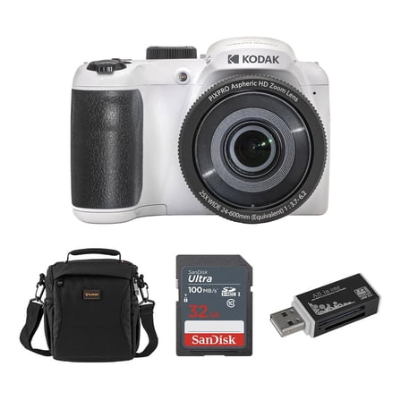 PIXPRO Astro Zoom AZ255 16MP Full HD Digital Camera, White, Bundle with Shoulder Bag and 32GB Memory Card   Card Reader