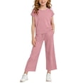 thumbnail image 2 of FRSASU Girls Summer 2 Piece Outfit Set Short Sleeve Henley Top and Drawstring Wide Leg Pants Solid Color Loungewear Pink-A, 2 of 9