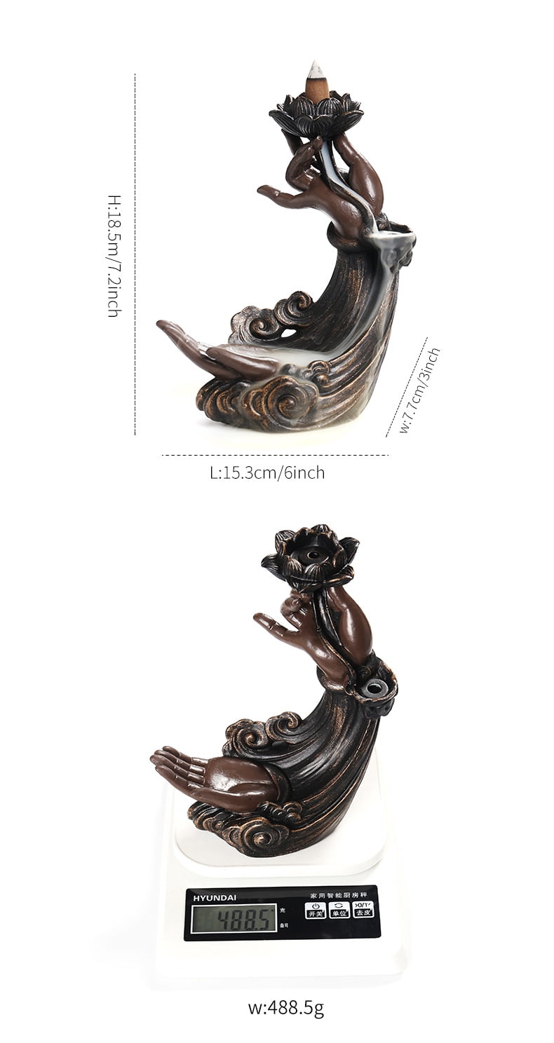 Resin Buddha Hand Backflow Incense Burner Creative Lotus Zen Bergamot Waterfall Smoke Reflux Incense Fragrance Holder Home Ornaments, Brown