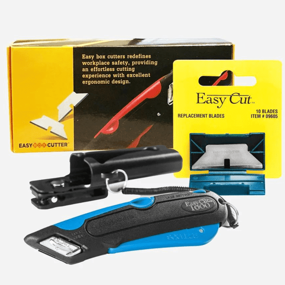 Easy Box Cutter, Easy Cut 1000 Blue Cutter with 10 ct Standard Replacement Extra Tape Cutter at Back, Dual Side Edge Guide, 3 Blade Depth Setting