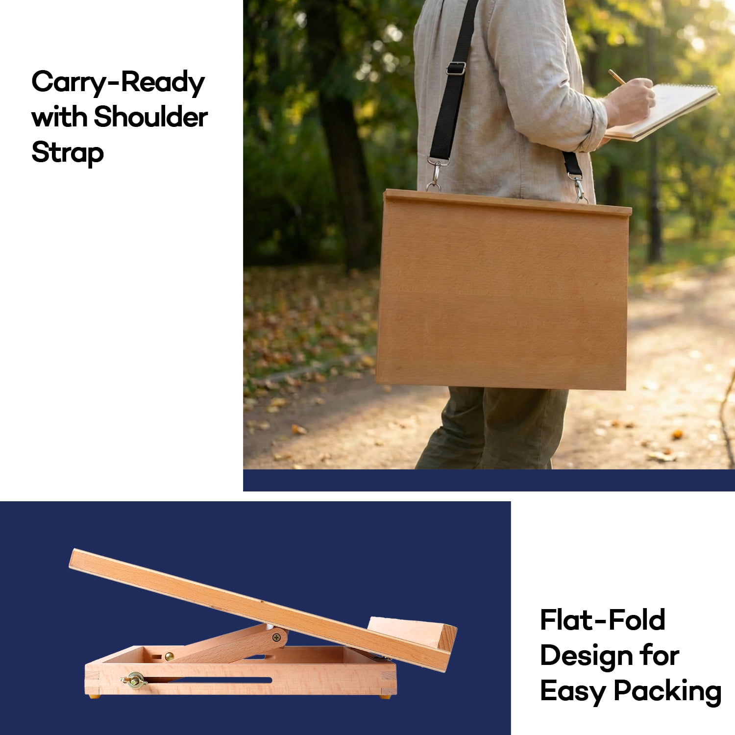 Artkey  Beech Wood Tabletop Easel with Adjustable Angles, Natural Wood Art Drawing Board for Painting & Sketching, Portable Desktop Easel with Shoulder Strap, 17.3 x 12.6 in, 1 Pack