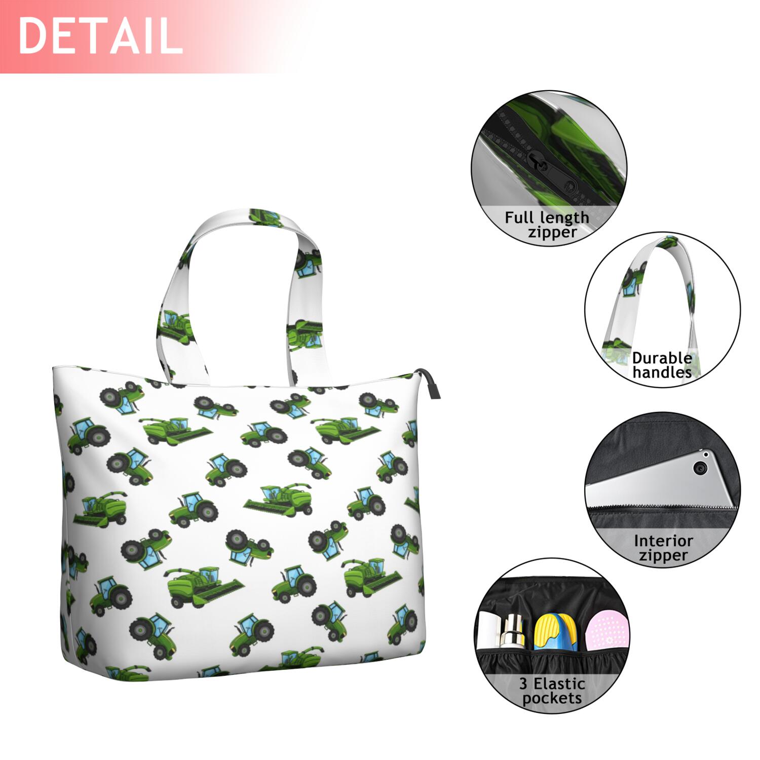 Cartoon Tractors Harvesters White Pattern Travel Tote Bags for Women Carry On,Large Weekender Bags for Women Travel,Multi Functional Duffle Bag for Work,Shopping,Sports