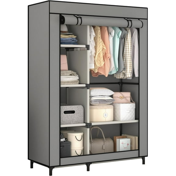 Portable Closet Organizers, Clothing Storage, Wardrobe with 6 Shelves and Hanging Rod, Non-Woven Fabric Cover with 4 Side Pockets, Grey